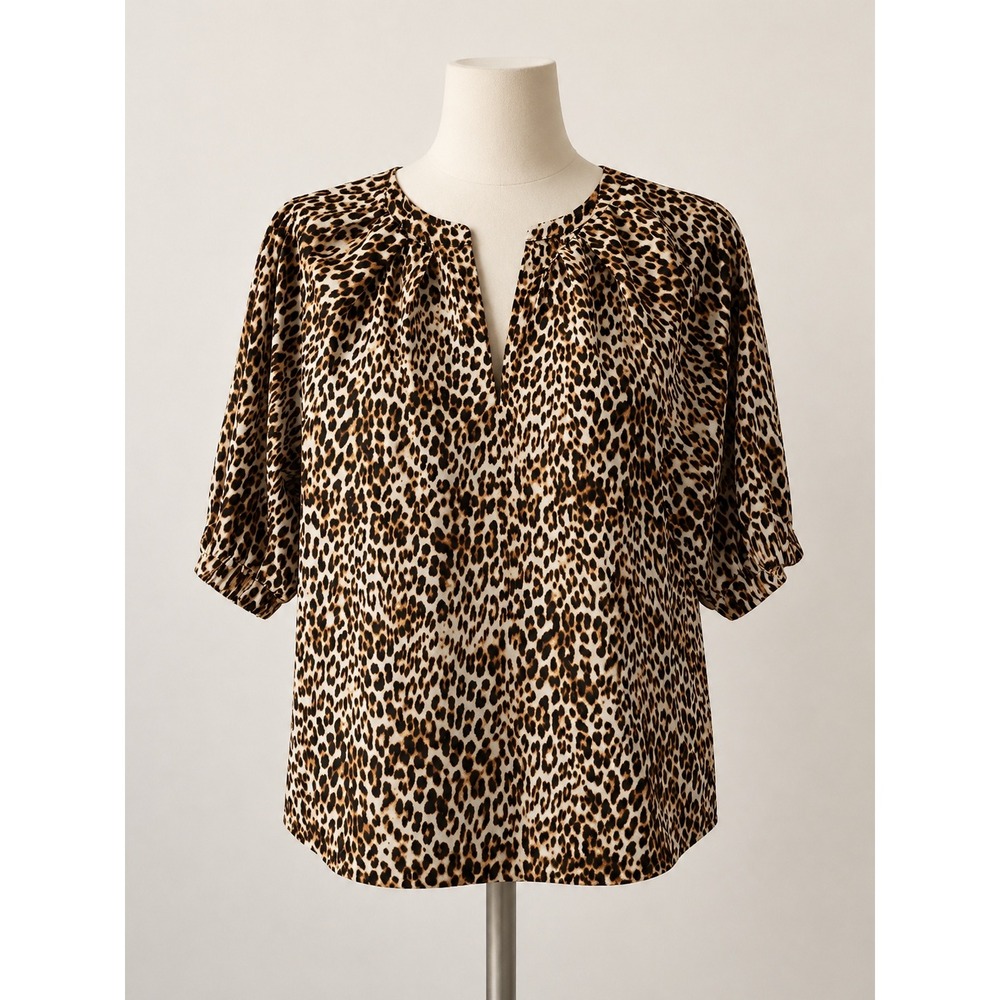 Worthington Leopard Print Blouse Womens Medium Brown Black Split V-Neck Top